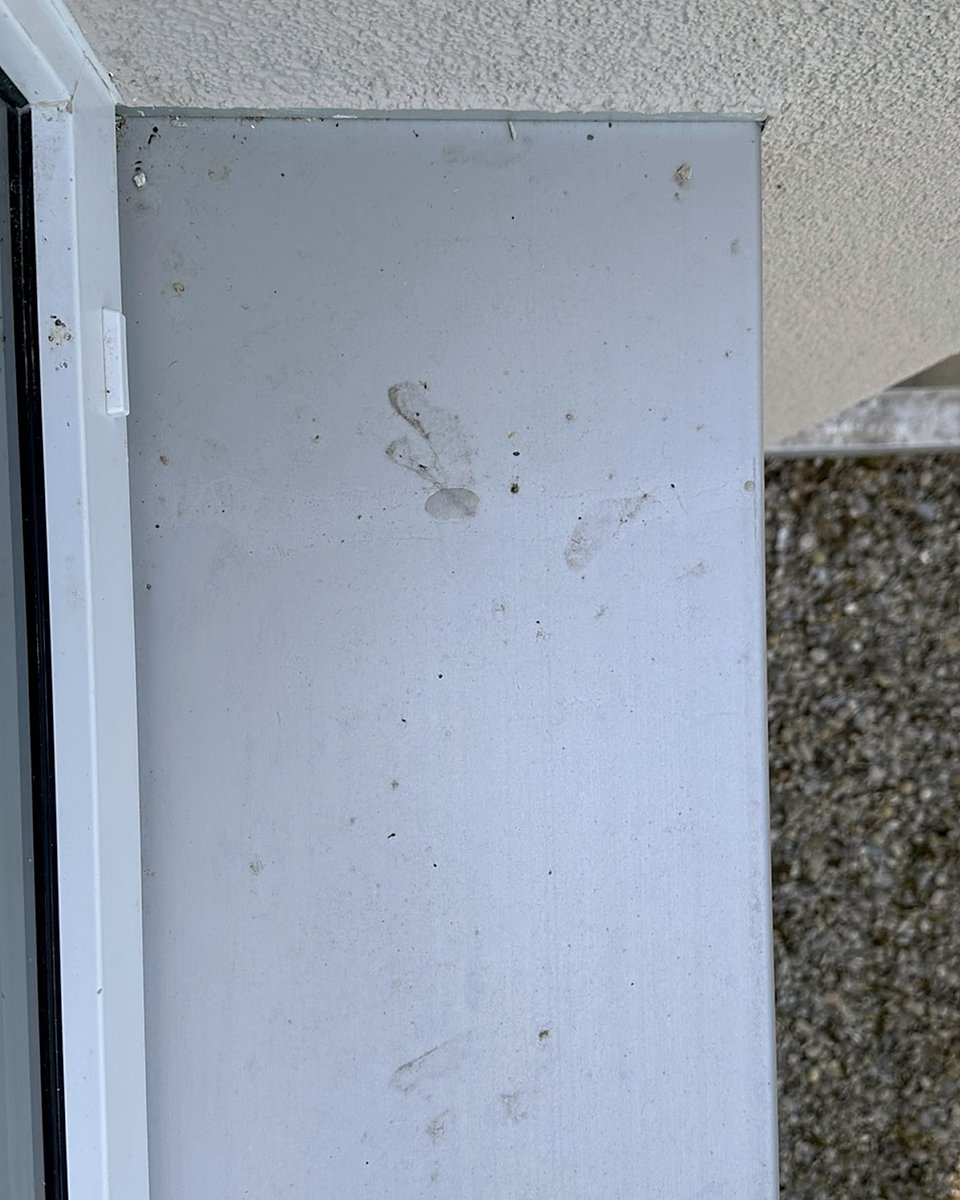 Vorher: Außenfensterbank aus Aluminium, vorher mit Flecken und Krümeln, nachher sauber.